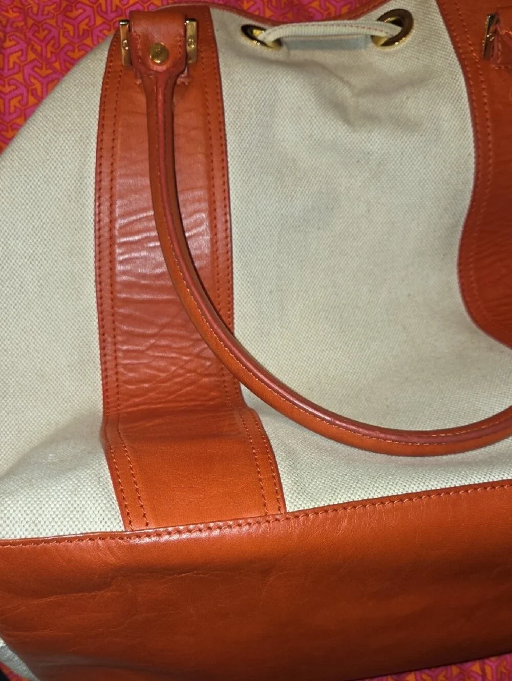 Tory Burch Cream Canvas Tote with Tan Leather Trim